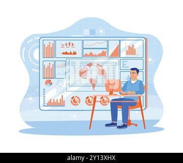 Businessman uses a modern graphical interface showing financial reports and business sales. Big Data Technology for Business Finance Analysis Concept. Stock Vector
