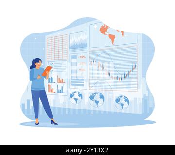 Businesswoman using tablet with digital business interface. Analyze marketing concepts globally. Concept of hi-tech and communication. trend flat vect Stock Vector