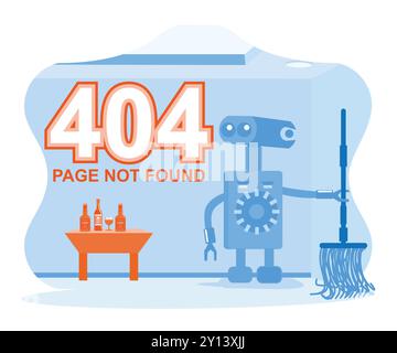 Robot washing machine with a mop, glass of wine, and bottle on the table. 404 error page not found. 404 error page concept. trend modern flat vector i Stock Vector