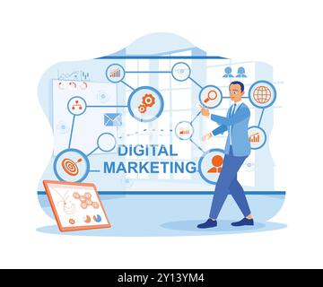 Businessman standing in modern office space. Access SEO search engine optimization on a virtual screen. Digital Marketing Technology Targeted and inte Stock Vector