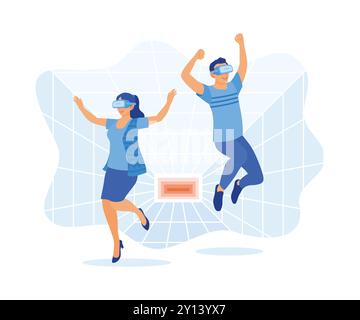 Digital world. Young couple using virtual glasses. Making hand gestures and jumping in the studio. Virtual Relationships concept. Flat vector illustra Stock Vector