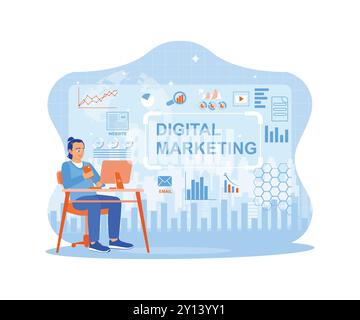 Young man working using smart phone and computer. Analyzing online marketing strategies via social media. Digital Marketing Content concept. trend fla Stock Vector