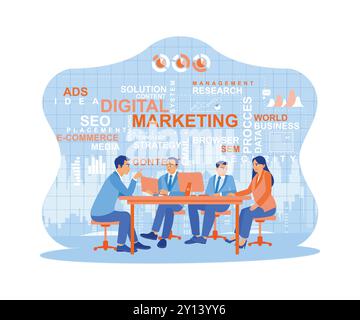 Businesspeople gathered in the meeting room. Discusses online market promotion strategies on digital advertising platforms via social media. Digital M Stock Vector