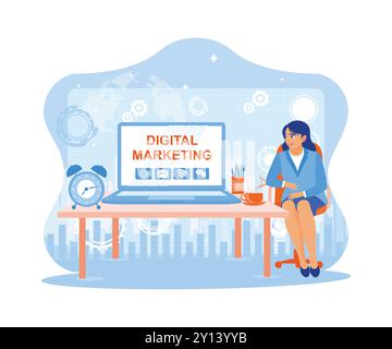 Businesswoman is sitting on a chair next to the table. Using a laptop to create business marketing concepts. Digital Marketing Content Concept trend f Stock Vector