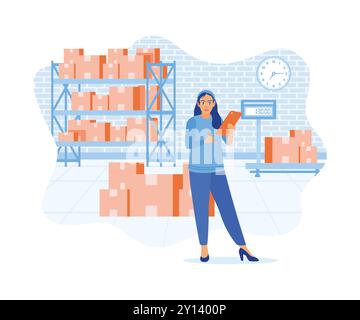 The businesswoman is checking merchandise in the warehouse. Small business owners check orders and customer addresses with mobile phones. Order Confir Stock Vector