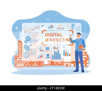 The businessman is standing in the data center room. Optimize search engines on virtual screens and tablets to enhance digital marketing. Digital mark Stock Vector