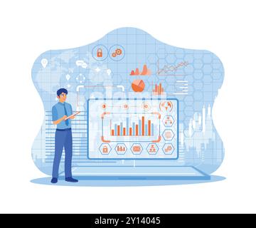 Programmer using a digital tablet computer to analyze and develop software on a futuristic virtual interface screen. Business intelligence technology Stock Vector