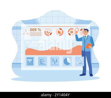 Businessman standing in front of the virtual screen. The graphical interface shows sales reports, profit graphs, and stock market analysis, business i Stock Vector