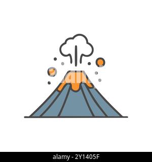 Volcano eruption icon. Colorful line art illustration of an erupting volcano with smoke and lava. Stock Vector