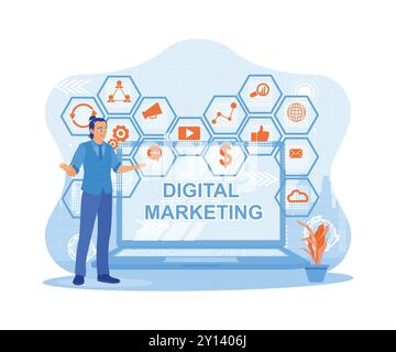 Young man standing in front of laptop and virtual screen. Optimize search engines SEO, SMM, and advertising to increase marketing targets. Digital Mar Stock Vector