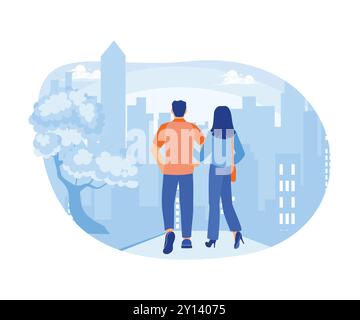 A young couple walks along a city street. People are going along city streets. Urban panorama with pedestrians concept. trend modern flat vector illus Stock Vector