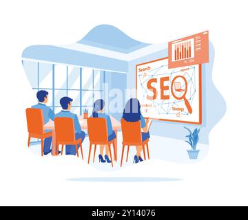 Office staff hold a presentation in the meeting room. We are optimizing SEO search engines for online retail businesses on virtual screens. SEO concep Stock Vector