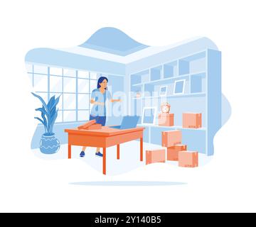 Small SME entrepreneurs work from home. I am using a laptop to check customer addresses before sending goods. Order Confirmation concept. Flat vector Stock Vector