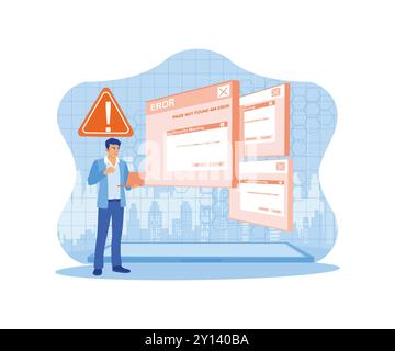 404 Error Page Not Found. Using a laptop with a warning triangle to notify errors and maintenance concept. 404 error page concept. trend modern flat v Stock Vector
