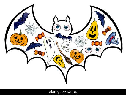 Doodle set of Halloween symbols inscribed in the silhouette of bat. Black outline and watercolor fill. Isolated on white background. Jack lanterns, sk Stock Photo