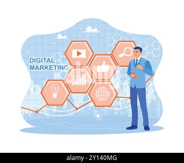 Businessman standing against digital marketing icons background. Digital marketing content planning advertising strategy. trend flat vector modern ill Stock Vector