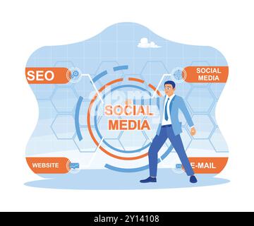 Entrepreneurs increase business by marketing on social media. Marketing icon on virtual screen. Digital Marketing Content Concept. trend flat vector m Stock Vector