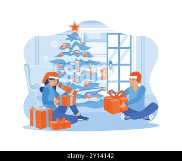 A happy young couple is opening Christmas gifts together under the Christmas tree. Family sharing Christmas Eve concept. trend modern flat vector illu Stock Vector