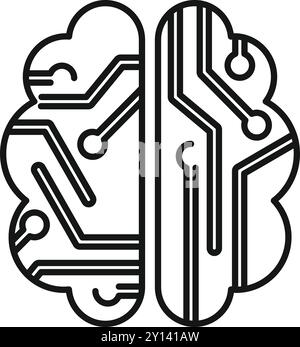 Line art vector icon of a brain with circuits, representing the concept of artificial intelligence Stock Vector