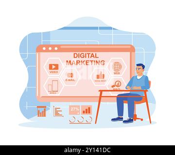 Businessman sitting in workspace. Search Engine Optimization. SEO. SMM. Video Advertising. Digital Marketing, internet marketing concept. Trend Modern Stock Vector