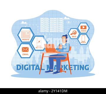 Young man sitting in front of laptop holding a mobile phone. Improve marketing strategies by optimizing SEO search engines. Digital Marketing, interne Stock Vector