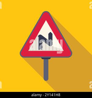Red triangle road sign indicating double bend to the right, casting a shadow on a yellow background Stock Vector