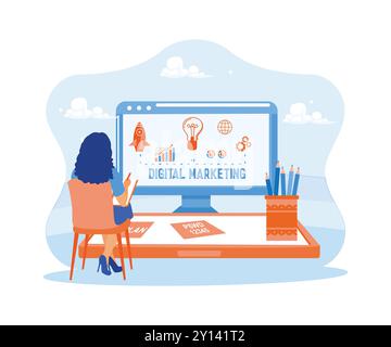 Young woman sitting in front of computer and smartphone. New start-up projects and increasing marketing with advertising on social media. Digital Mark Stock Vector