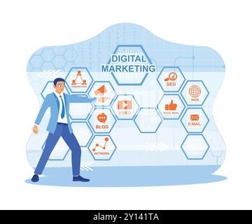 Businessman standing in front of the virtual screen. Create advertising videos to increase business sales with SEO search engine optimization. Digital Stock Vector
