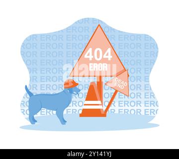 A dog wearing a safety helmet. Standing near the safety cone and 404 error warning and dead end sign on wooden post. 404 error page concept. trend mod Stock Vector