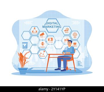 Search engine optimization SEO, SMM, and advertising on social media. How entrepreneurs can increase sales of business products online. Digital Market Stock Vector
