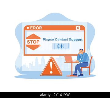 A businessman sitting in front of a laptop with a sad face. Windows errors. 404 error page concept. trend modern flat vector illustration Stock Vector