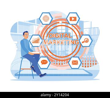 The businessman is sitting and holding a digital tablet. Create digital marketing schemes to increase business sales. Digital Marketing Technology Tar Stock Vector