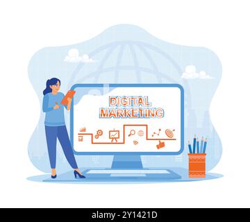 Businesswomen make digital marketing plans by placing ads on social media. Business innovation technology concept to increase marketing targets. Digit Stock Vector
