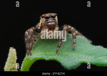 Cute jumping spider sitting on the leaf Stock Photo