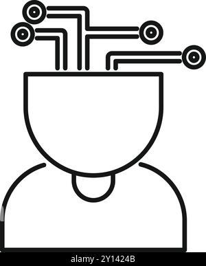 Minimalist line art icon of a human head with wires connecting to circles, symbolizing artificial intelligence Stock Vector