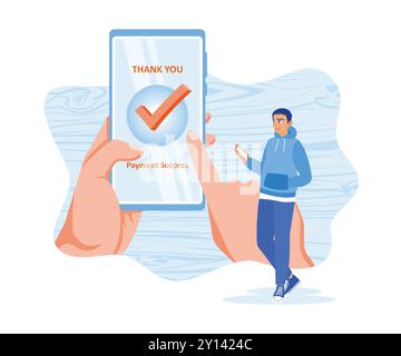 A young man makes an online transaction for his order. Online payment was successful. Order Confirmation concept. Flat vector illustration. Stock Vector