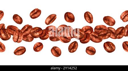 Coffee beans horizontal seamless border. Watercolor, marker illustration. Aroma of robusta and arabica varieties. International coffee day. Hand drawn Stock Photo
