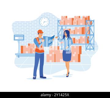 The warehouse manager signs the bill of landing after receiving the goods. Woman checking merchandise in the warehouse. Order Confirmation concept. Fl Stock Vector