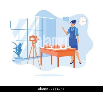 A young woman is making cakes in the kitchen. A female vlogger is recording while cooking using a cell phone mounted on a tripod. Content Creator conc Stock Vector