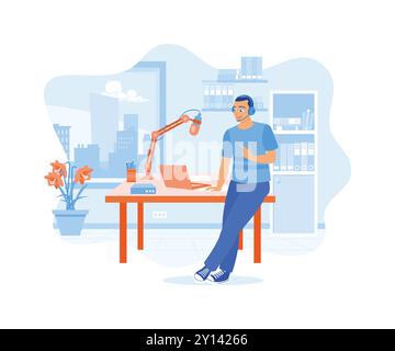 Content creators create their shows in their home studios using professional microphones and laptops. Content Creator concept. Flat vector illustratio Stock Vector