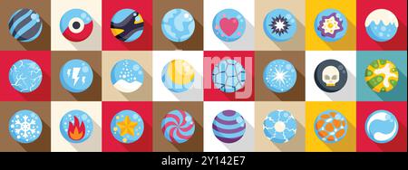 Game orbs icons set. Big set of magic round icons in flat style showing different powers for mobile game design Stock Vector