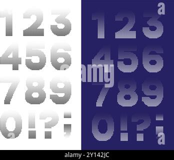 Numbers and punctuation mark with circular halftone dot pattern texture. White and black half tone symbols collection. Isolated elements and signs. Ve Stock Vector