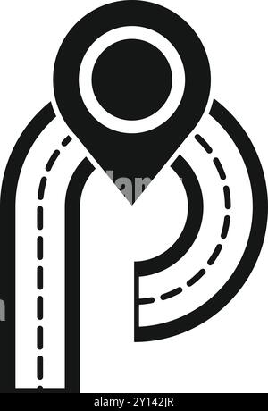 Simple black and white icon of a map pin indicating a destination on a road Stock Vector