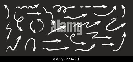 Arrow crayon brush doodle chalk line stroke. Sketch pencil texture line scribble arrow icon. Hand drawn grunge crayon brush sketch direction element on chalkboard. Vector illustration Stock Vector