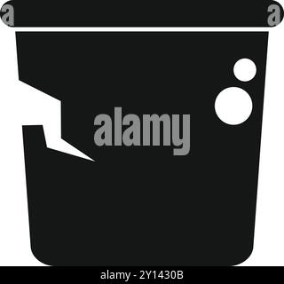 Simple vector showing a black bucket with a crack in its side, perfect for depicting broken, old or damaged containers Stock Vector