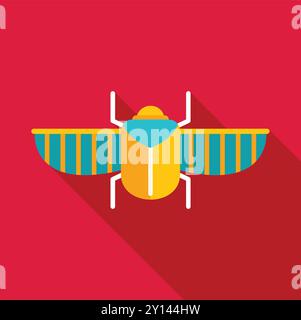 Minimalist vector illustration of a golden scarab beetle spreading its wings, designed in a flat style with long shadows Stock Vector