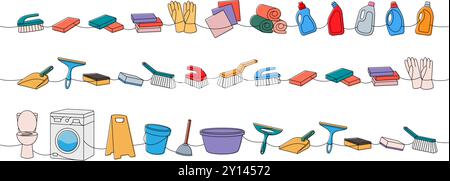 Set of cleaning tools one line. Toilet bowl, washing machine, floor mop, bucket, plunger, scoop, sponges, washcloths, brushes, cleaners, towels, rags Stock Vector
