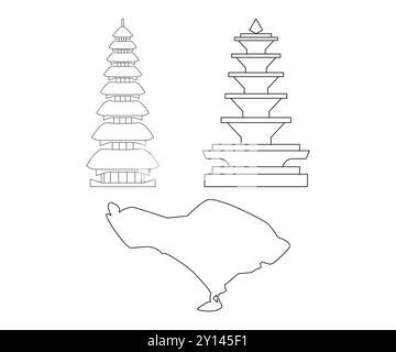Bali Indonesia temples Hinduism religion culture heritage ancient buildings Pagoda monument sacred place tourist destination Bali island set Stock Vector