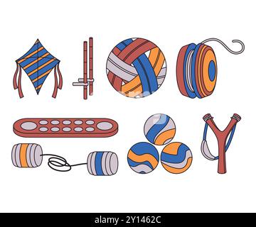 Egrang sepak takraw marbles catapult kite congklak tin-phone yoyo Indonesia traditional game culture childhood memory design collection Stock Vector