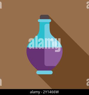 Vector illustration of a glass bottle containing purple potion with bubbles is casting long shadow on brown background Stock Vector